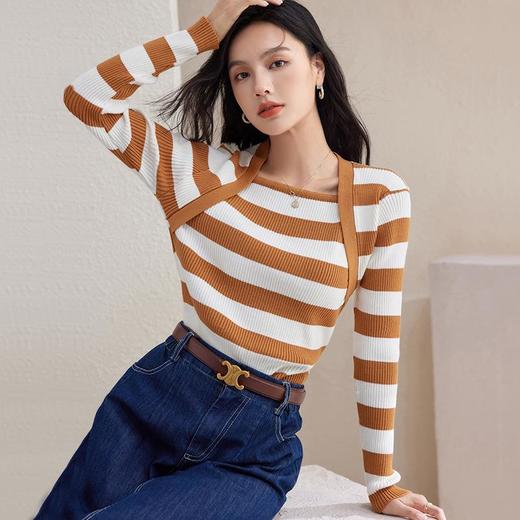 条纹针织衫女长袖秋季2023新款毛衣内搭宽松打底衫气质女人味上衣 商品图3