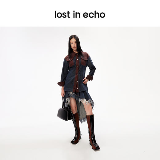 [断码]lost in echo设计师品牌小众增高复古显瘦拼接翘方头直筒粗跟长靴 商品图1