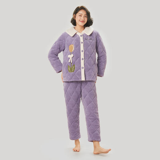 都市丽人生活家居女士睡衣北极绒提花夹棉加厚款长袖长裤类家居服套装LH31K7 商品图1