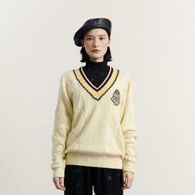 谜底V领套头毛衣女2023冬季新款老钱风宽松刺绣针织衫女234MZ1859