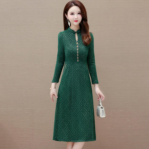 中式洋气，秋冬款格纹时尚中长款连衣裙立领长袖国风内搭打底裙QYM-XYKL-K521-L 商品图1