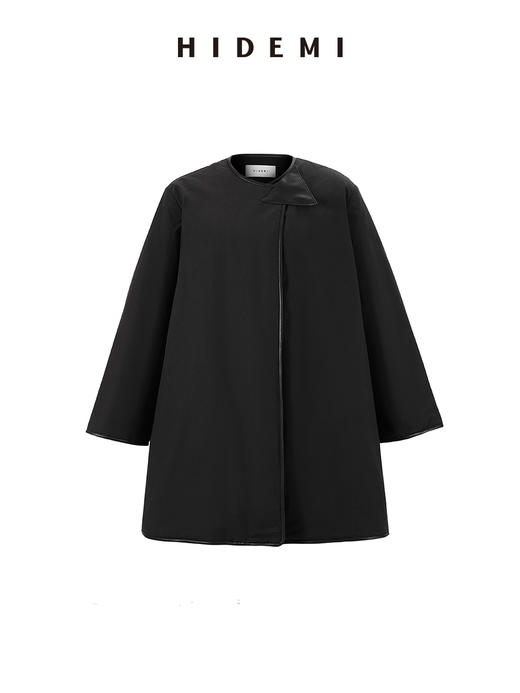 HIDEMI 经典极简三角形皮扣包皮边镶嵌工艺棉服大衣 摩卡棕/黑色 商品图5