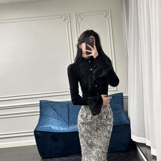 【孤品样衣，不退不换】【大女主星河】粗花呢编织亮片绣高腰开衩包臀半身裙女 商品图4