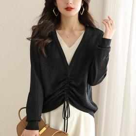 针织衫女长袖春秋新款洋气小衫薄款设计感镂空假两件v领上衣