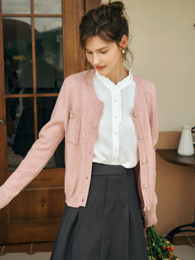OLrain欧芮儿粉色小香风针织开衫女初秋2023新款宽松甜美毛衣外套