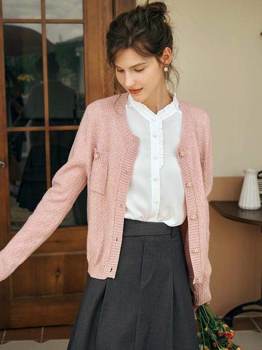 OLrain欧芮儿粉色小香风针织开衫女初秋2023新款宽松甜美毛衣外套 商品图0