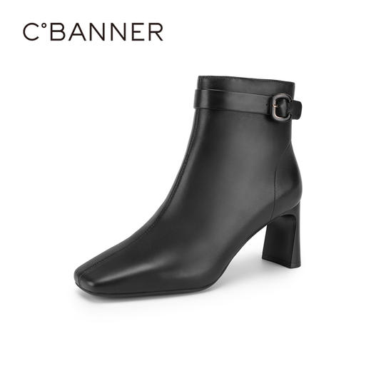 千百度粗高跟羊皮靴秋冬时装靴通勤洋气小短靴女鞋保暖A23560802 商品图1