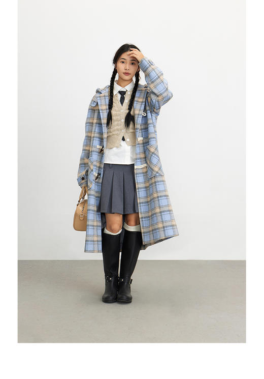CryingCenter 浅蓝格纹学院风牛角排扣毛呢大衣长外套 哭喊中心 商品图1