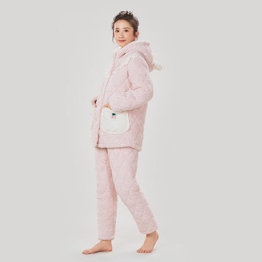 都市丽人生活家居女士睡衣北极绒烂花抽条夹棉加厚款长袖长裤类家居服套装LH31M2 商品图1