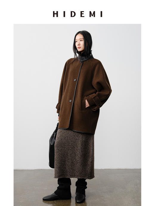 HIDEMI 澳洲美利奴羊毛花呢皮边镶嵌工艺翻领式口袋中长款大衣 商品图3