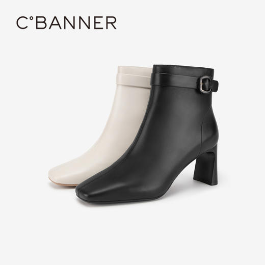 千百度粗高跟羊皮靴秋冬时装靴通勤洋气小短靴女鞋保暖A23560802 商品图4