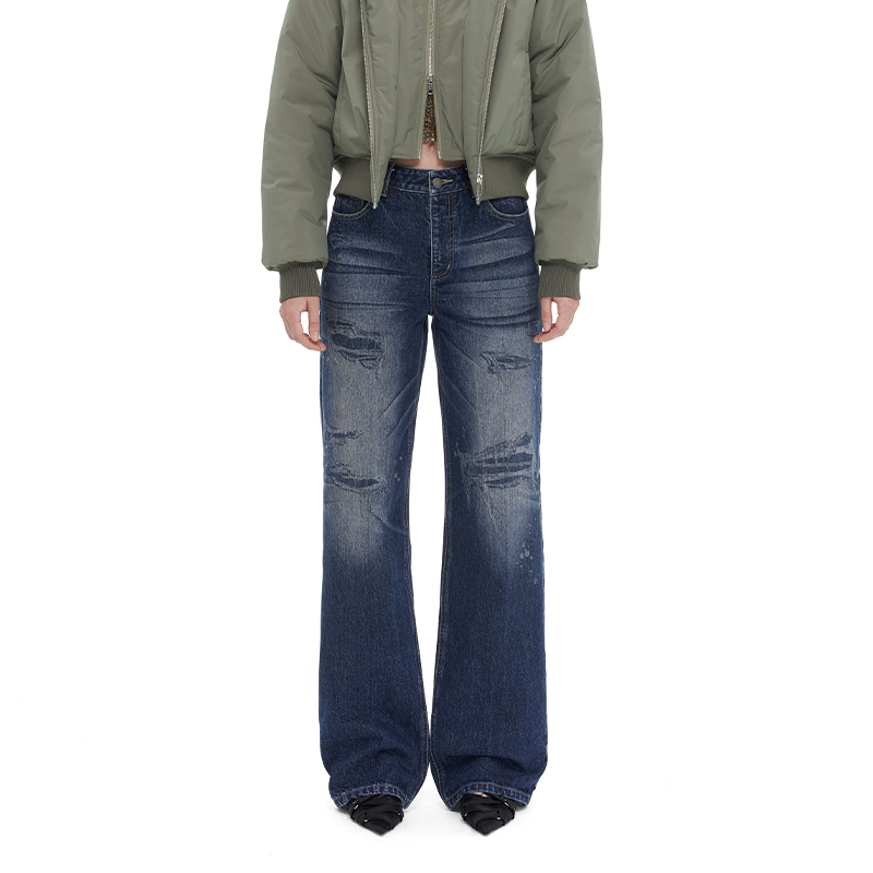 NUTH “模拟破洞”｜蓝色激光印花复古做旧直筒牛仔裤