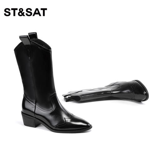 星期六气质尖头V口粗跟西部短靴SS34116515 商品图6