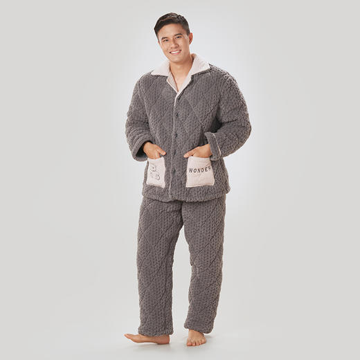 都市丽人都市锋尚生活家居男士睡衣泡芙蓉提花夹棉加厚款长袖长裤类家居服套装FH31J6 商品图2