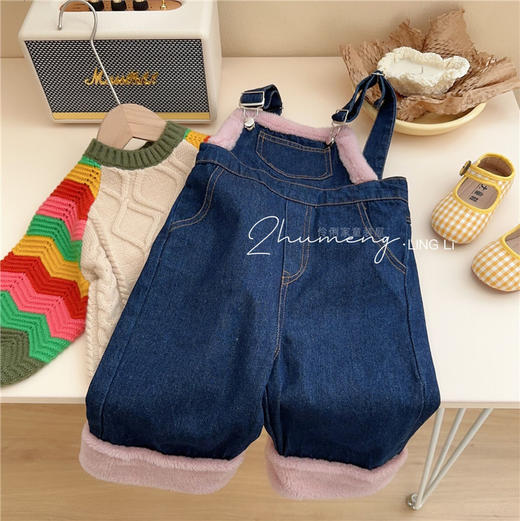 【俏皮活泼套装！时尚潮流】朵丫春季新款女童撞色波浪灯笼袖，毛衣羊羔毛牛仔背带裤，舒适包裹 商品图4