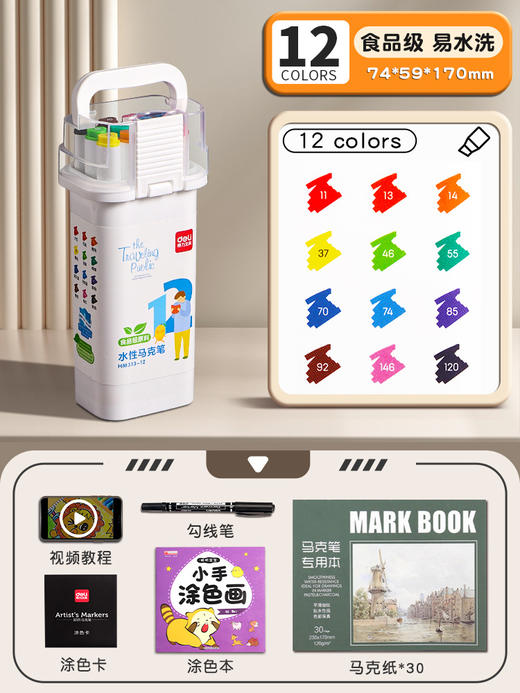 【食品级原料！安全可靠】得力马克笔儿童安全无毒可水洗，水性双头绘画笔学生专用彩笔，双头设计 精细描绘，速干不脏手 安心又省心 画笔轻巧灵活 商品图9