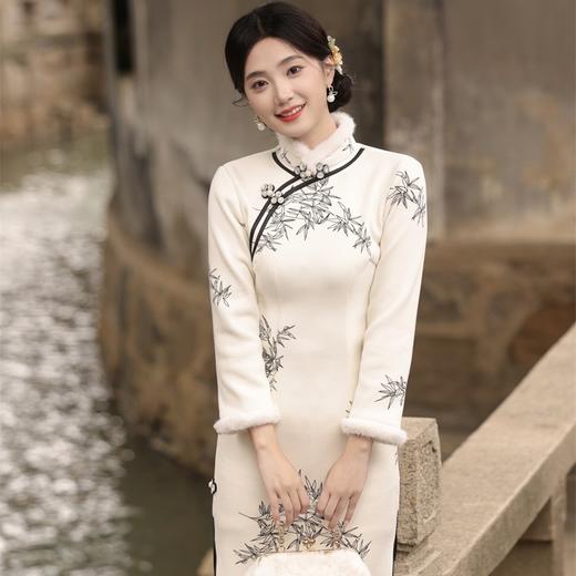 冬季新款，加毛加厚侧八扣旗袍中国风立领女款气质开衩旗袍裙SJT-396-1 商品图0
