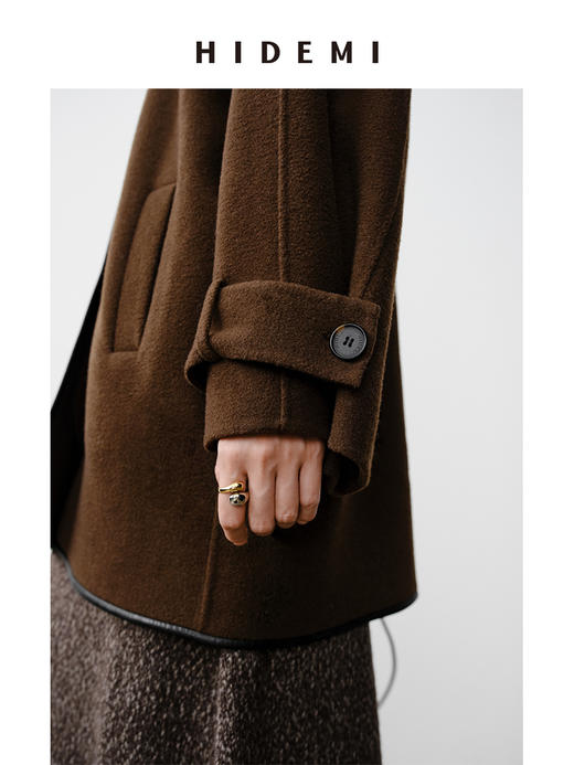 HIDEMI 澳洲美利奴羊毛花呢皮边镶嵌工艺翻领式口袋中长款大衣 商品图6