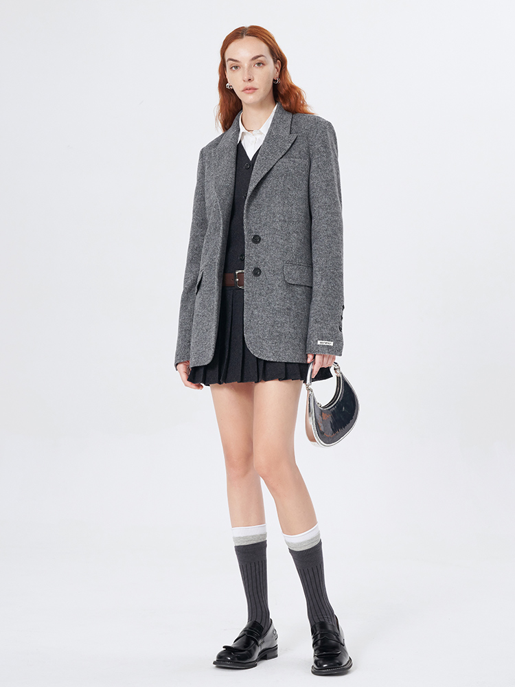 Self Who灰色羊毛西装外套女冬季2023新款高级感宽松休闲毛呢大衣