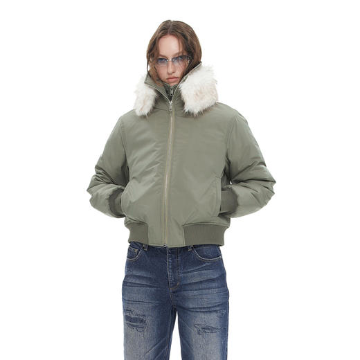 NUTH “绒绒组装”｜灰绿色可拆毛领设计修身短款棉服外套女 商品图2