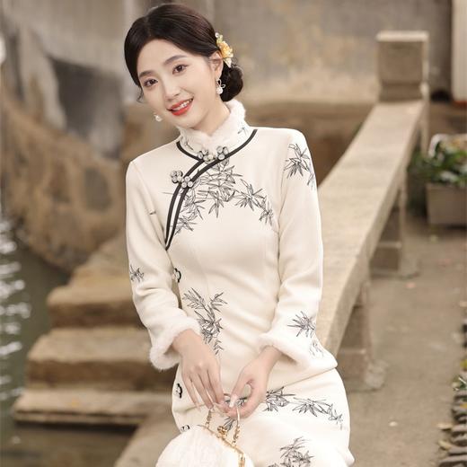 冬季新款，加毛加厚侧八扣旗袍中国风立领女款气质开衩旗袍裙SJT-396-1 商品图3