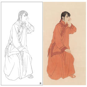 【大彩图】何家英工笔画白描底稿《独坐黄昏后》高清打印稿人物线稿ZV19