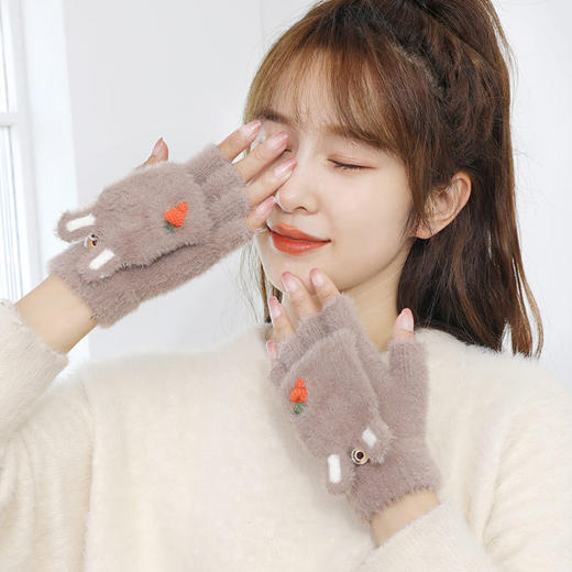 「数款可选！轻潮·保暖」手套女冬天学生翻盖半指可爱韩版卡通保暖可选色加绒手套配饰 商品图1