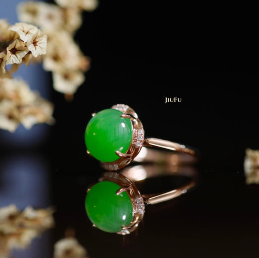 18K玫瑰金和田玉（碧玉）镶钻戒指--清翠玉瑶/半珠直径12mm/苹果绿（戒圈请备注留言） 商品图1