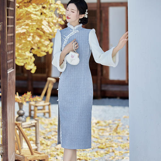 秋冬季新款，雪尼尔舒适休闲毛领旗袍优雅蕾丝花边日常逛街旗袍裙BS-2864 商品图3