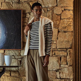 SUNSPEL女士秋冬全棉船领条纹长袖T恤Heavyweight