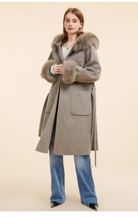 狐狸毛领全羊毛长款双面尼大衣