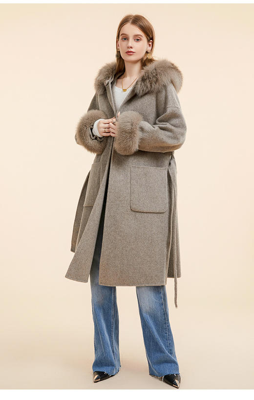 狐狸毛领全羊毛长款双面尼大衣 商品图0