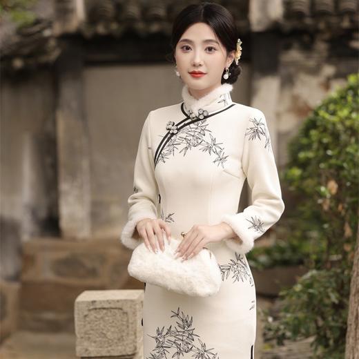 冬季新款，加毛加厚侧八扣旗袍中国风立领女款气质开衩旗袍裙SJT-396-1 商品图1