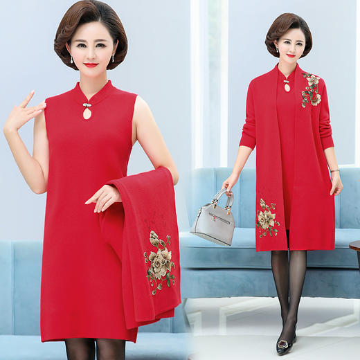 婚礼妈妈秋冬新款，喜婆婆宴礼服阔太太旗袍刺绣连衣裙两件套CC-86093 商品图3