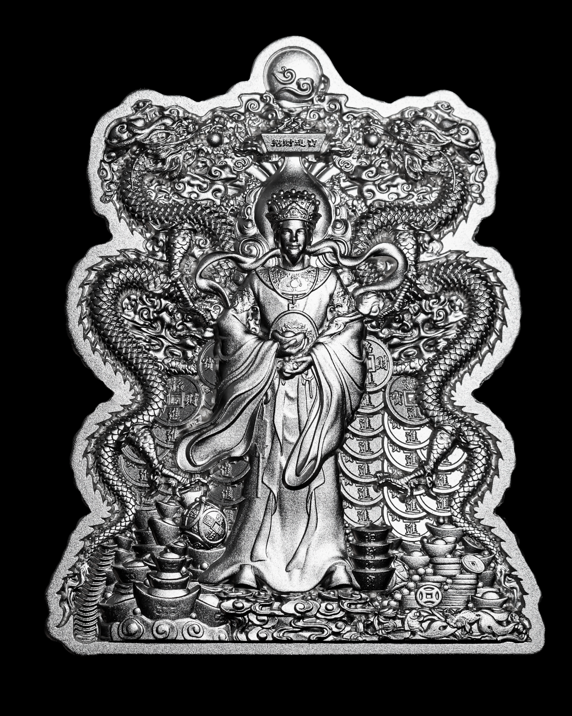 2024年乍得 中国双龙财神爷  高浮雕仿古纪念银币