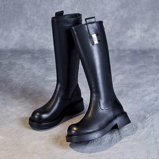 头层牛皮厚底骑士靴，秋冬新款后拉链显瘦不过膝加绒长筒靴ZM233542 商品图3