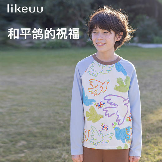 likeuu儿童鸽子满印插肩袖T恤 | 天然棉纤维、吸湿透气、童趣设计、舒适百搭 商品图2