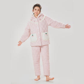 都市丽人生活家居女士睡衣北极绒烂花抽条夹棉加厚款长袖长裤类家居服套装LH31M2