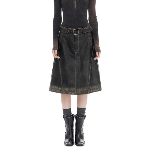 NUTH “裙摆做旧”｜复古洗褪做旧结构设计感加绒皮半裙 商品图1