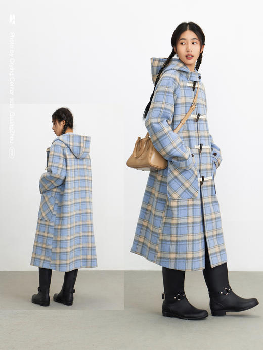 CryingCenter 浅蓝格纹学院风牛角排扣毛呢大衣长外套 哭喊中心 商品图0