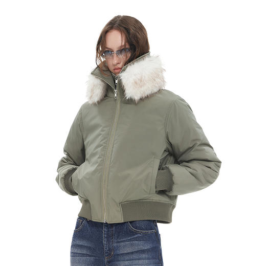 NUTH “绒绒组装”｜灰绿色可拆毛领设计修身短款棉服外套女 商品图0