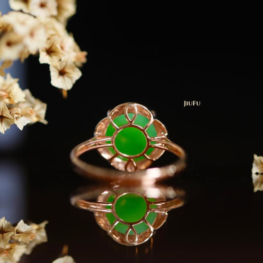 18K玫瑰金和田玉（碧玉）镶钻戒指--清翠玉瑶/半珠直径12mm/苹果绿（戒圈请备注留言） 商品图2