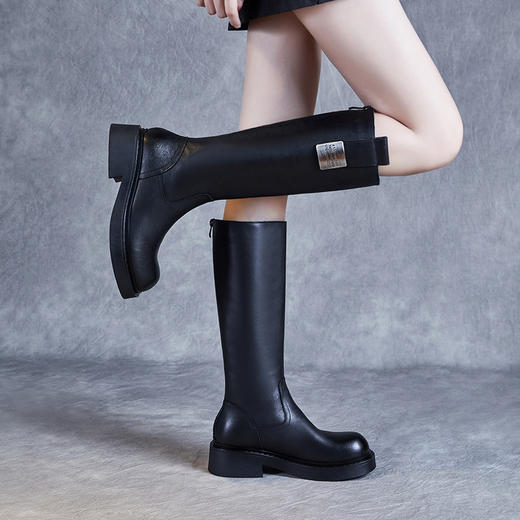 头层牛皮厚底骑士靴，秋冬新款后拉链显瘦不过膝加绒长筒靴ZM233542 商品图1
