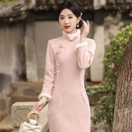 冬季新款，加毛加厚复合超柔雪花绒侧八扣长款旗袍日常款旗袍SJT-396 商品图1