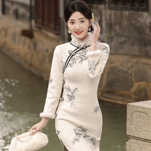 冬季新款，加毛加厚侧八扣旗袍中国风立领女款气质开衩旗袍裙SJT-396-1 商品图2