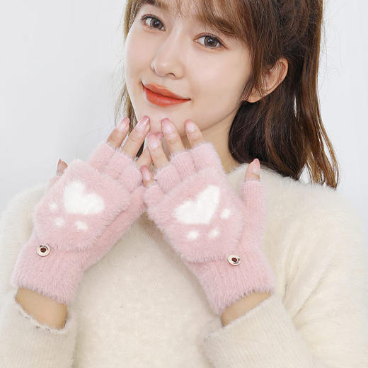 「数款可选！轻潮·保暖」手套女冬天学生翻盖半指可爱韩版卡通保暖可选色加绒手套配饰 商品图2