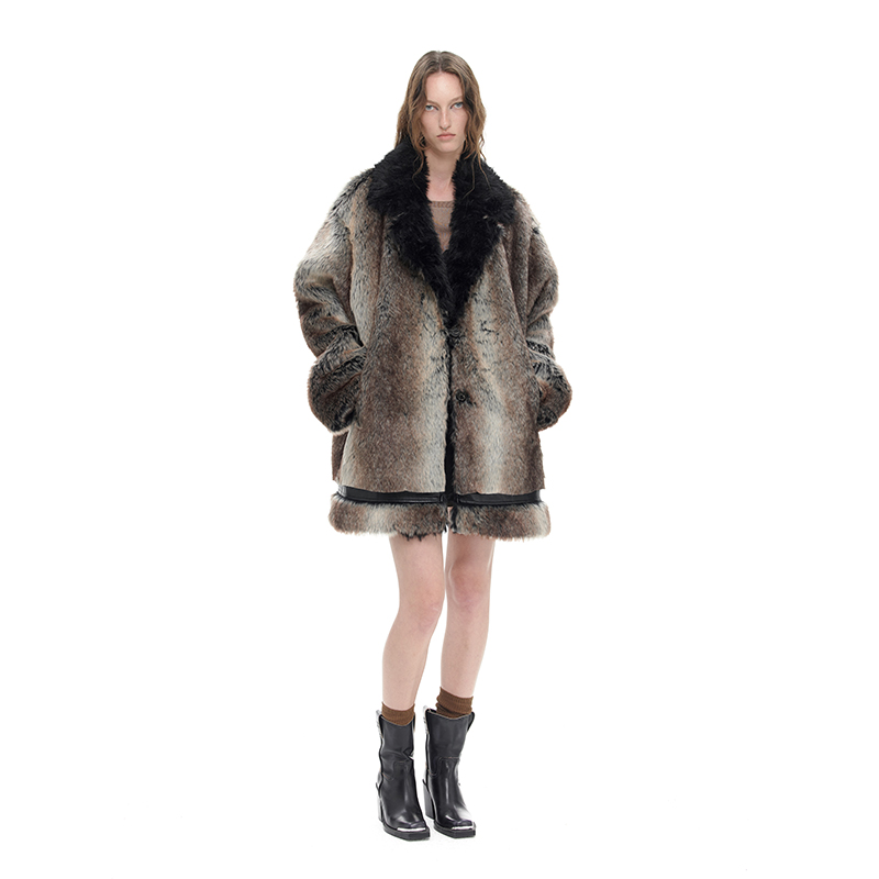 NUTH “因纽特”｜花棕色复古宽松拼接设计感皮草大衣