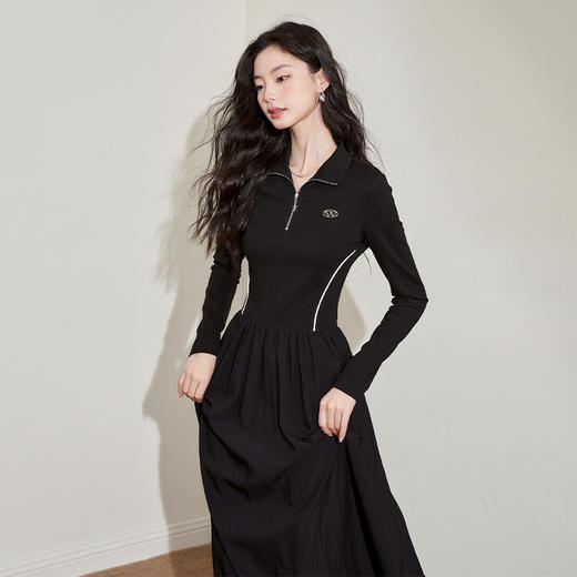 法式立领卫衣连衣裙新款小众设计感百褶小黑裙长裙V1938609 商品图3