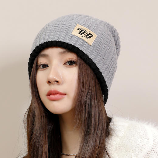 「双面可戴！四款配色」帽子女款2023新款秋冬季大头围针织毛线帽情侣双面戴护耳堆堆冷帽配饰 商品图1