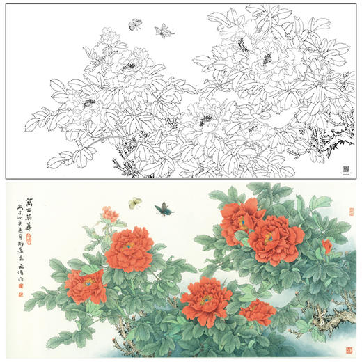 【大彩图】董希源横幅工笔画白描底稿《万古英华》牡丹临摹勾线花鸟线稿HN16 商品图0